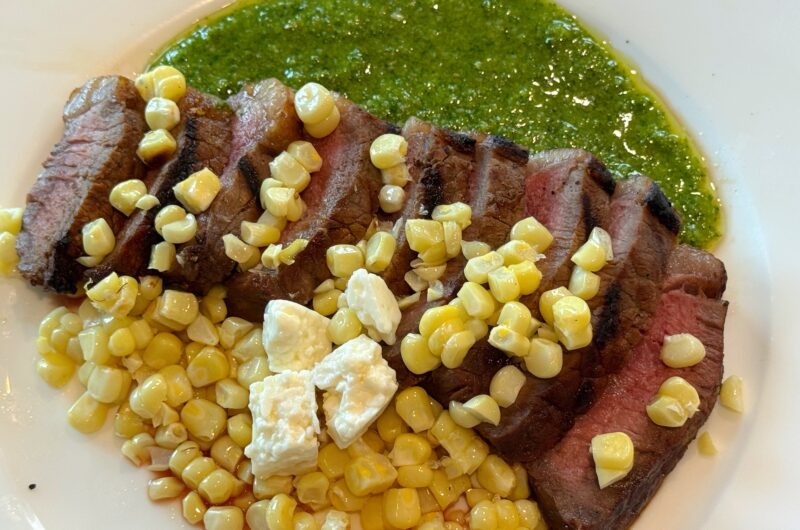 Arugula Pesto Steak with Grilled Corn