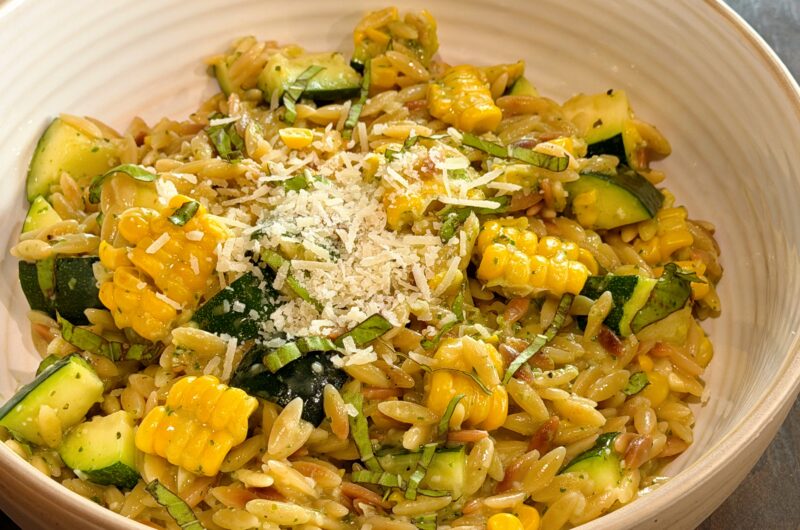 Pesto Zucchini Orzo with Charred Sweet Corn