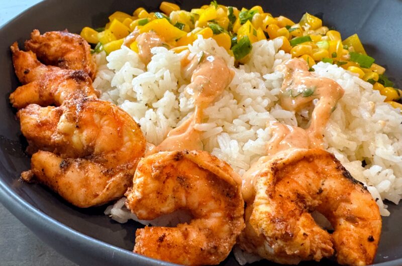 Grilled Shrimp Bowl with Corn Salsa & Creamy Sauce